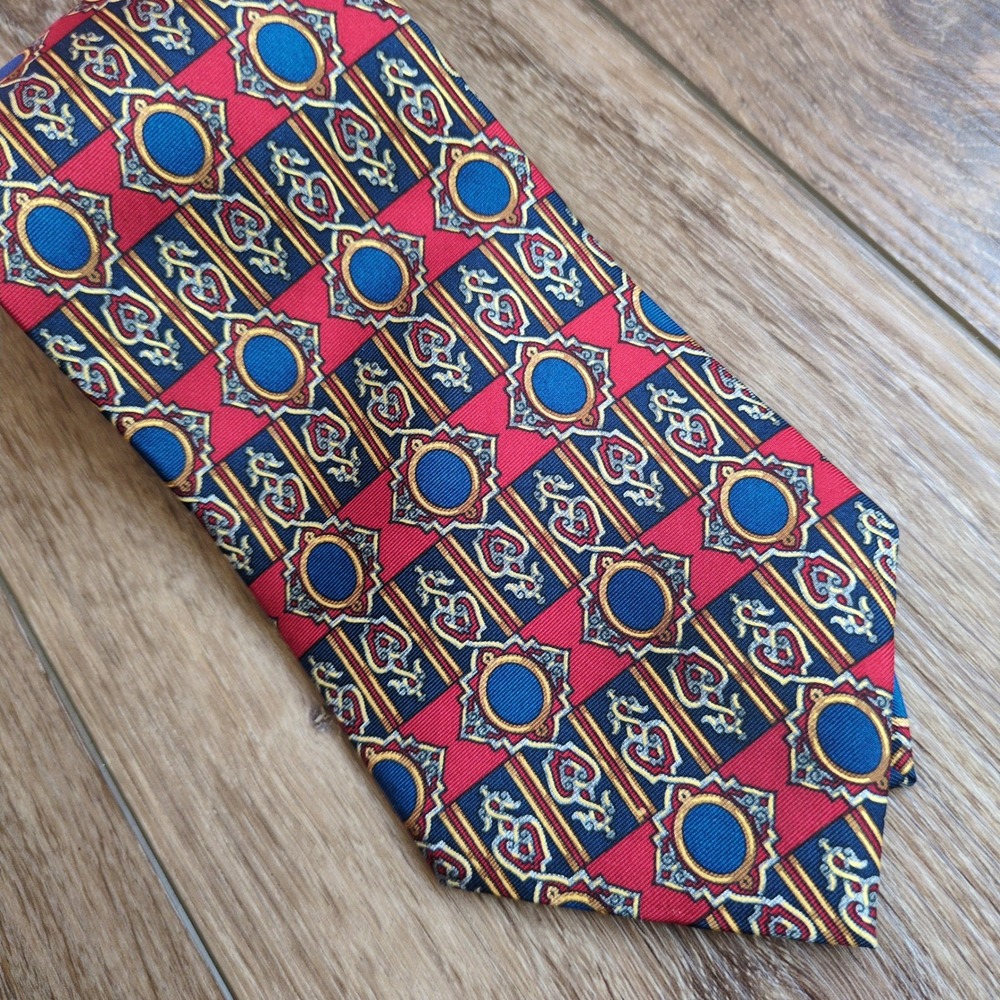 Christian Dior Cravate Geometric Silk Tie Red Blue Gold